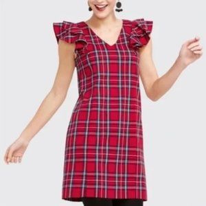 Draper James Christmas Holiday Red Plaid Tartan Ruffle V-Neck Shift Dress Size 0